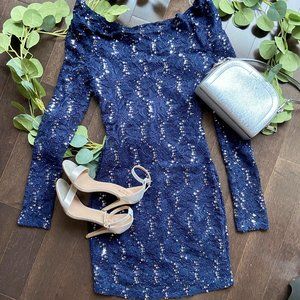 Navy Lace Bodycon Dress with Silver Sparkles
